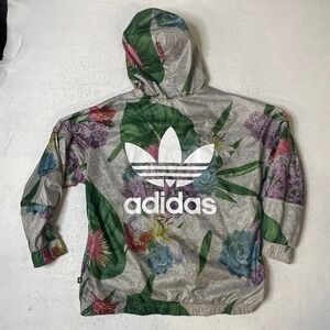 Adidas Originals Floral Print Windbreaker Hoodie Lightweight Jacket Green Pink M